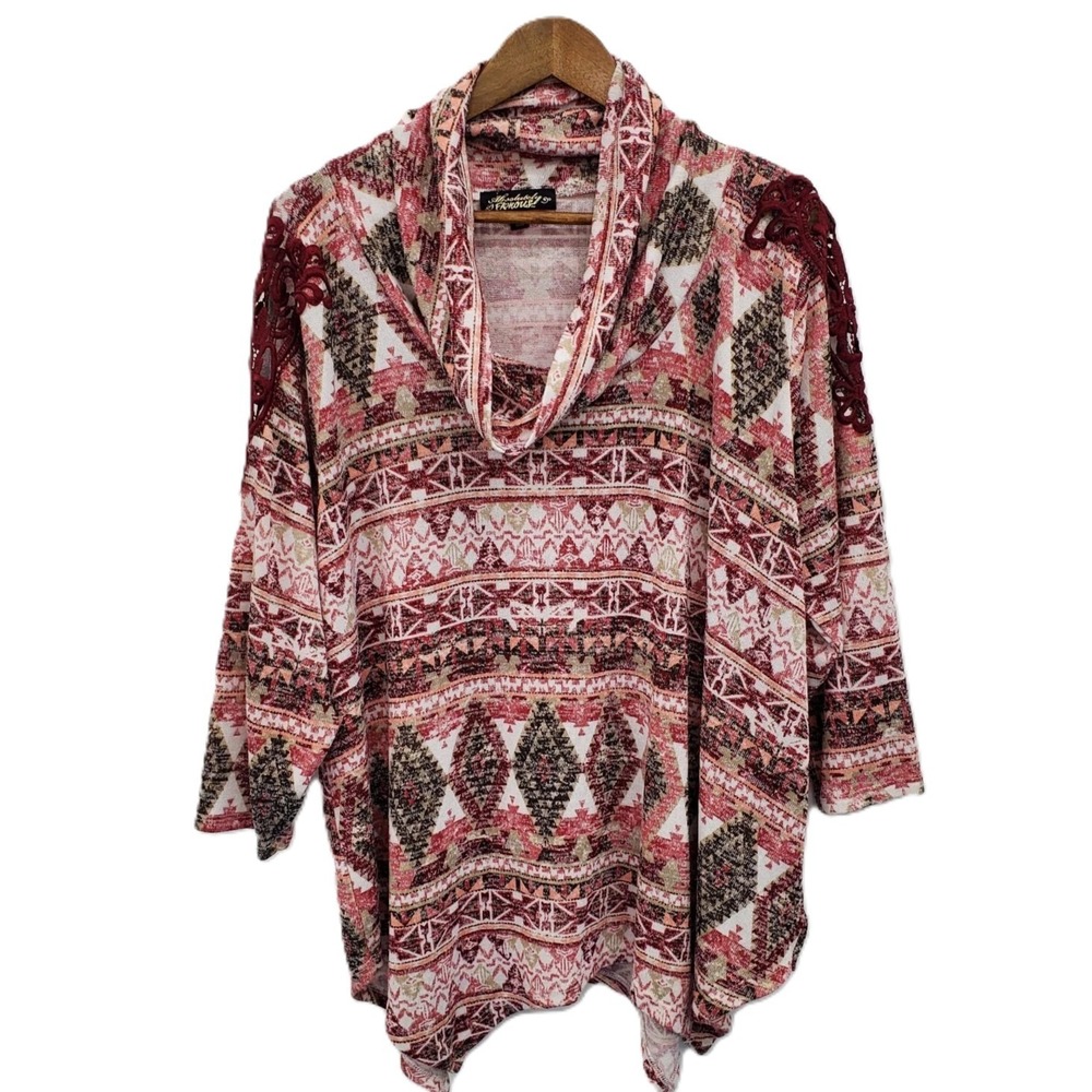 Absolutely Famous Womens 3X‎ Boho Aztec Print Top Pink Red Cowl Neck Plus Size